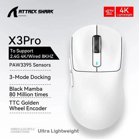 Mouse gaming wireless ATTACK SHARK X3/X3PRO 4K/8K, 26K DPI, tri-mode (cablato/2.4GHz/BT5.2), leggero, sensore PAW3395 per gamer