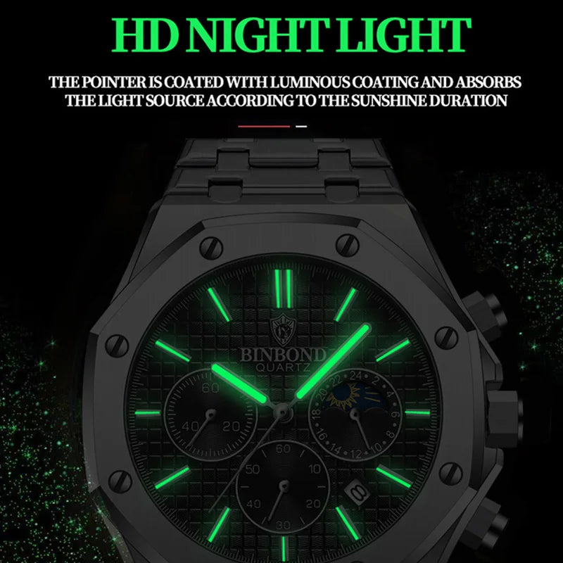 BINBONG B0161 Top Brand Man Business Quartz Watch Chronograph Wristwatch Stainless Steel Strap 30M Waterproof Luxury Men Watch