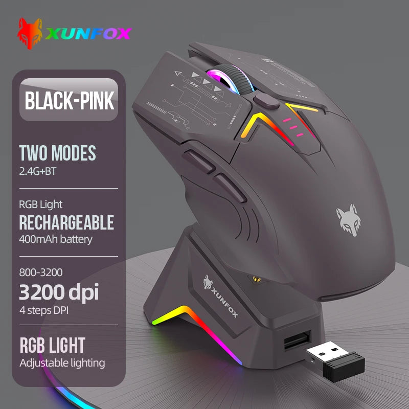 Ratón XUNSVFOX H2 inalámbrico Bluetooth de doble modo con iluminación RGB, para portátil, gaming y oficina, con carga magnética