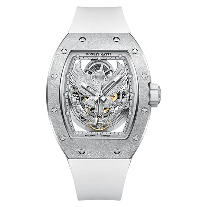 BONEST GATTI Luxury Men's Hollow Automatic Mechanical Watches Tonneau Sapphire Crystal Luminous Hollow Eagle Dial Rubber Straps