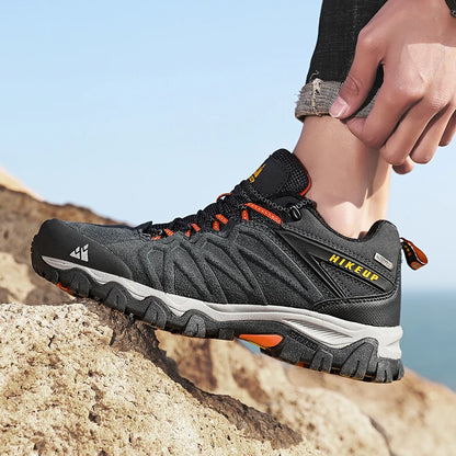 HIKEUP High-Quality Leather Hiking Shoes, Durable Outdoor Sport Men Trekking Leather Shoes, Lace-Up Climbing Hunting Sneakers