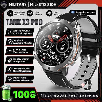 2026 New Military TANK X3 Smartwatch für Herren, 1000mAh Akku, 10ATM wasserdicht zum Schwimmen, GPS-Route, 1.75" AMOLED HD, Anrufe, Sport-Smartwatch