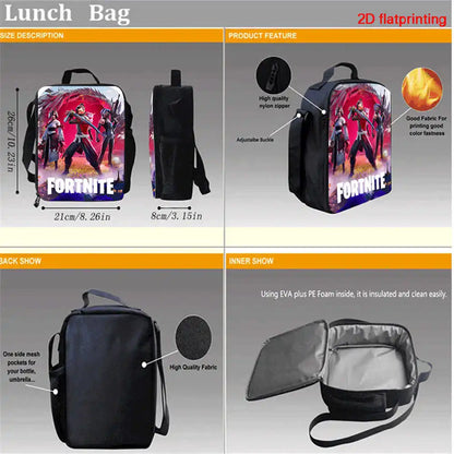Fortnite Cartoon 3-teiliges Set, großes Fassungsvermögen, geeignet für Jungen und Mädchen von 5-8 Jahren, inklusive Rucksack, Lunchbag und Federmäppchen