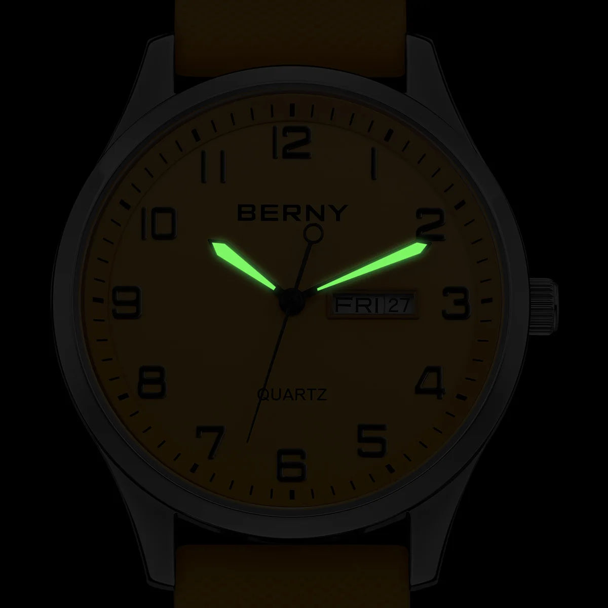 BERNY Men's Watches Luminous Calendar Week Quartz Men Watch Casual Soft Silicone Strap Easy Read Big Dial Sports Wristwatch