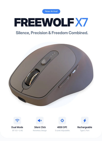 Ratón inalámbrico FREEWOLF X7 Bluetooth 2.4G de modo dual, silencioso, recargable, 4000DPI, con indicador de batería, ergonómico para PC, Mac y portátil