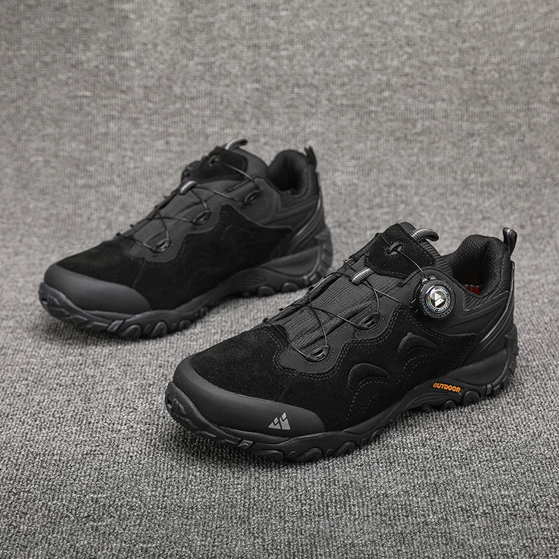 HIKEUP Leather Men's Outdoor Hiking Shoes Tourist Trekking Sneakers Mountain Climbing Trail Jogging Shoes with Turnbuckle
