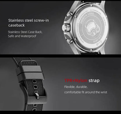 NORTH EDGE  Men's Watches Solar Power 316 stainless steel Case Quartz Watch For Men Pilot Waterproof 50M Stopwatch