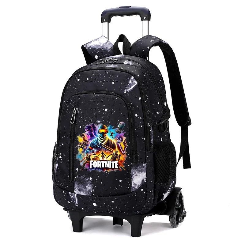 Mochila trolley 2 en 1 Fortnite con estampado de cielo estrellado, gran capacidad, impermeable, compartimento para portátil, diseño para subir escaleras, mochila escolar para estudiantes
