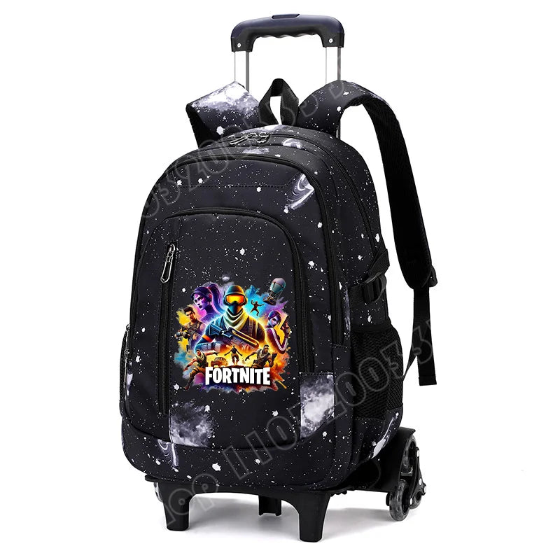 Mochila trolley 2 en 1 Fortnite con estampado de cielo estrellado, gran capacidad, impermeable, compartimento para portátil, diseño para subir escaleras, mochila escolar para estudiantes