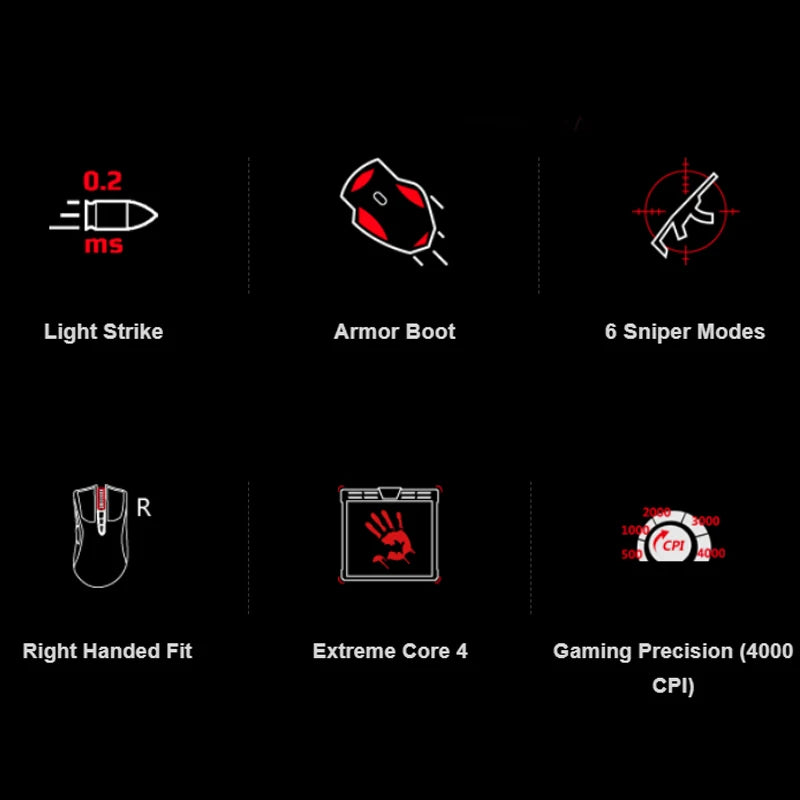 Mouse gaming A4TECH Bloody A91, 4000 DPI, Drag Click, 1000HZ, 6666FPS, 8 pulsanti, piedini Metal X' Glide Armor, oltre 20 milioni di clic