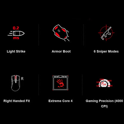 Mouse gaming A4TECH Bloody A91, 4000 DPI, Drag Click, 1000HZ, 6666FPS, 8 pulsanti, piedini Metal X' Glide Armor, oltre 20 milioni di clic