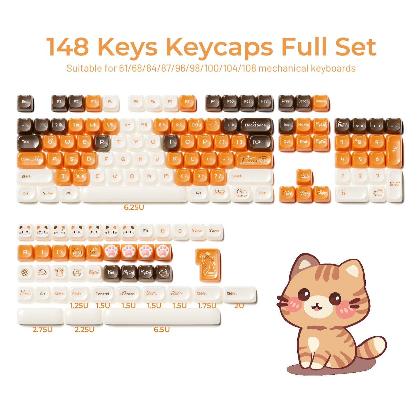 Keycaps XVX 148 Teclas Tema Gato Perfil MAO Keycap Coreana Brilhante e Fofa para Teclado 61 64 68 78 87 96 98 104 108