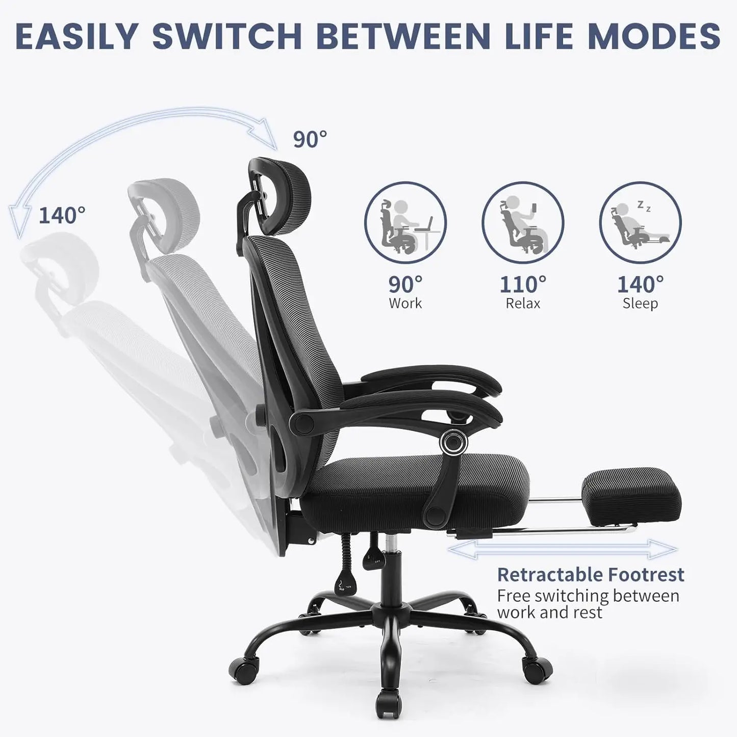 Ergonomic Office Chair With Adjustable Lumbar Support & Footrest, High-Back Mesh Gaming Chair With Tilt Mechanism For Home