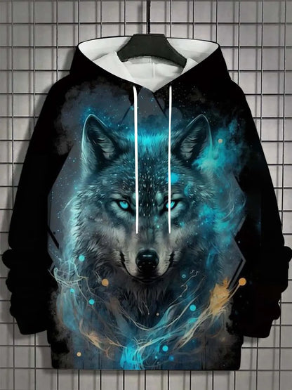 2025 Herren-Herbstmode: bequemes, weiches Kapuzen-Sportshirt mit Wolf-Print für Outdoor, City und Streetwear