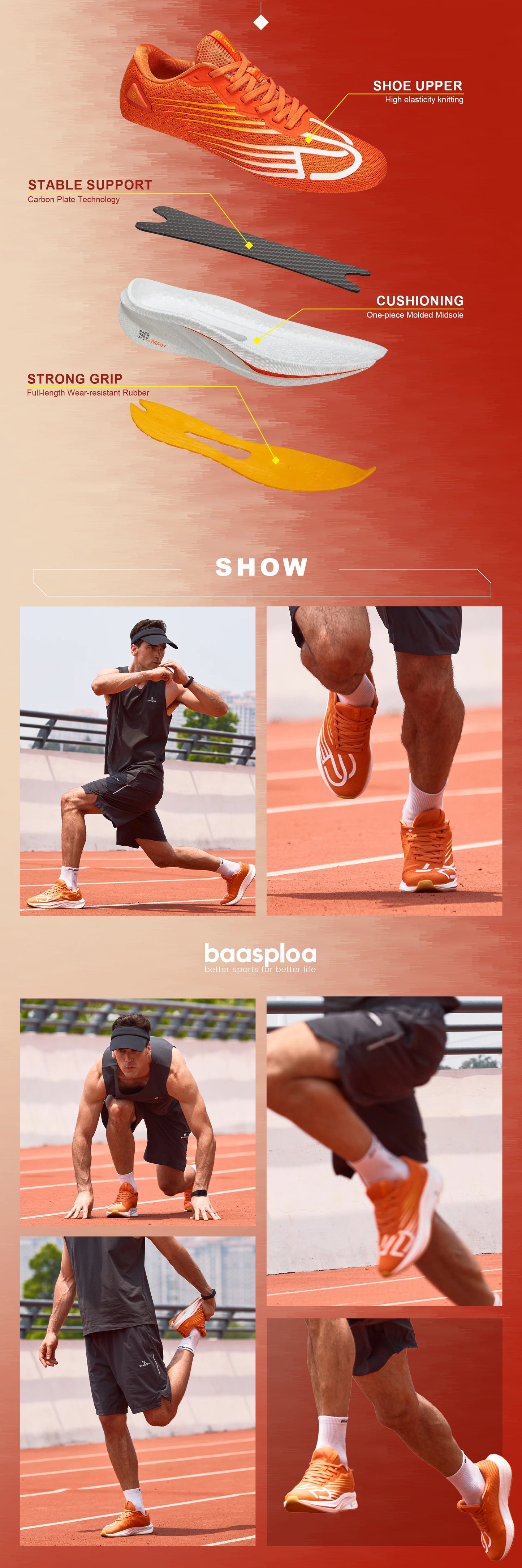 Baasploa Men's Professional Running Shoes Lightweight Breathable Jogging Sports Shoes Female Carbon Plate Anti-slip Sneakers