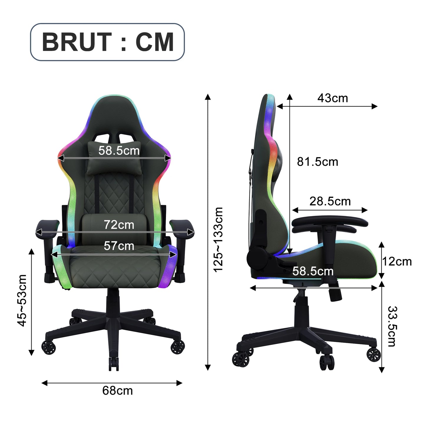 Ergonomic office chair with lumbar massage,LED RGB ambient lighting, and reclining backrest,  for home offices