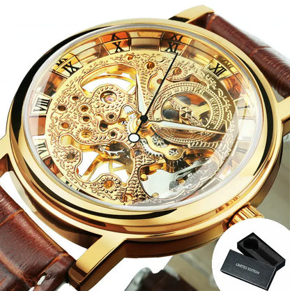 Winner Transparent Luxury Skeleton Mechanical Watches Casual Leather Strap Gold Watch for Men Luminous Hands Retro Wristwatches