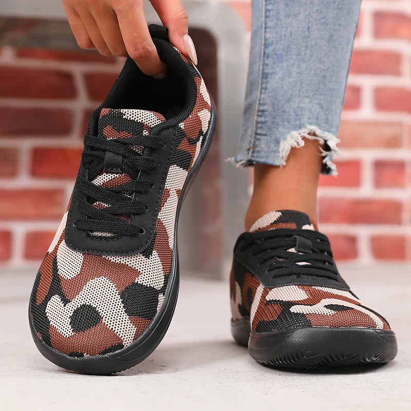 Camouflage-Damenschuhe mit breiter Zehenbox, atmungsaktivem Mesh und bequemer flacher Sohle – neue Barfußschuhe mit weicher Sohle, Damen-Sneaker