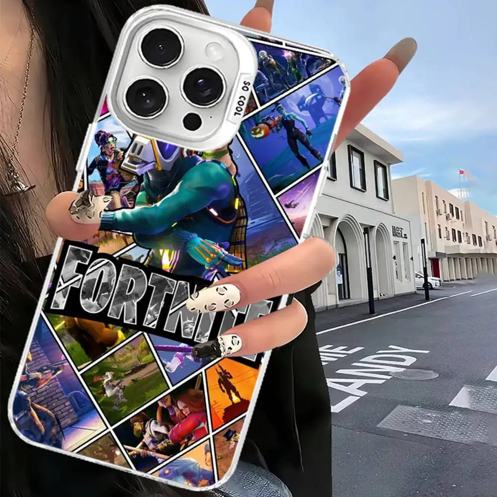 Cover F-Fortnites color argento per iPhone 17 16 15 14 13 12 11 Pro Max Plus