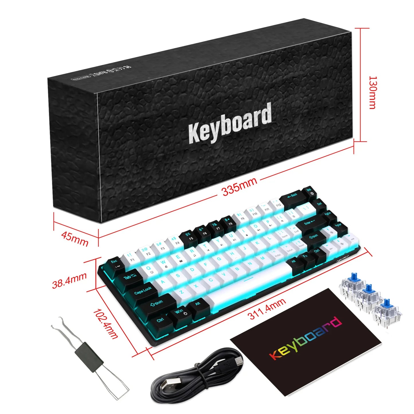 Teclado mecánico gaming 60% USB con teclas blancas, mini teclado gamer ergonómico para ordenador con retroiluminación y música