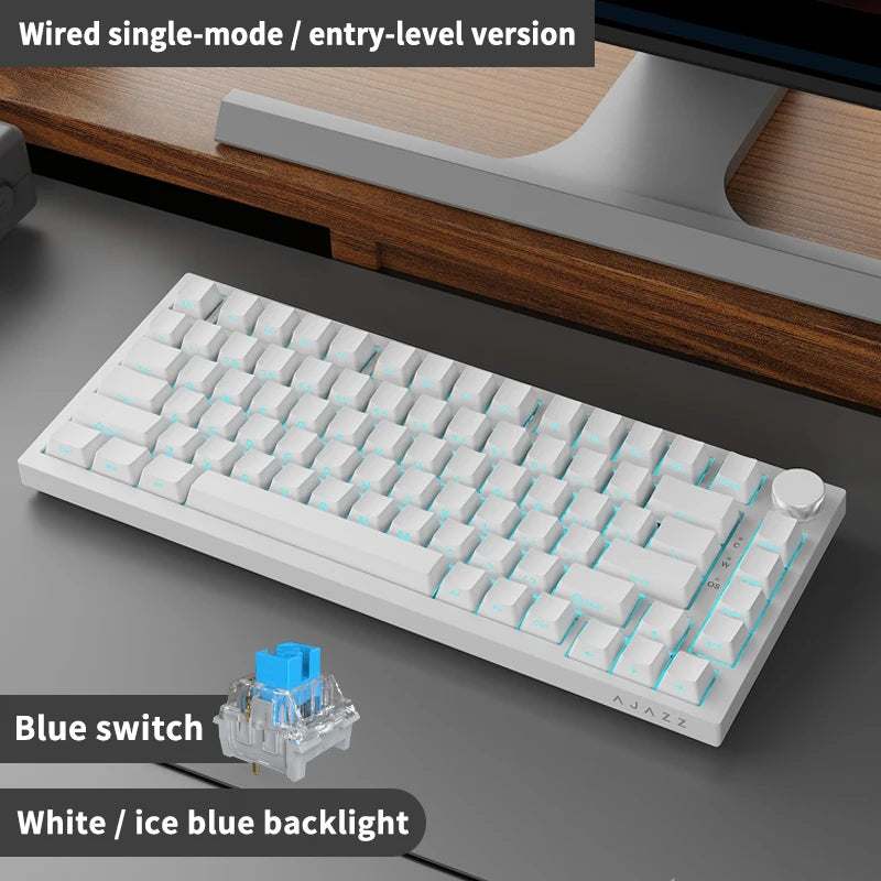 Teclado Mecânico com Fio AJAZZ AK820 75%: Hot-Swappable, Retroiluminação RGB/Branca/Azul-Gelo, Controlo por Botão de Volume | Para Escritório e Gaming