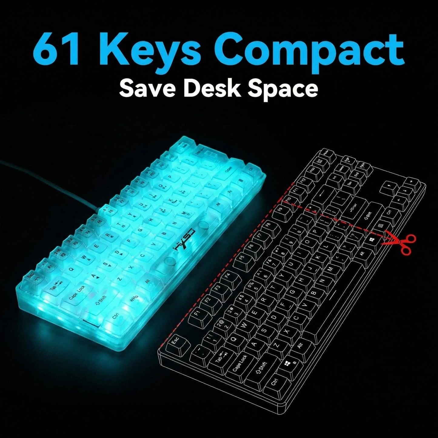 61-key fully transparent wired gaming keyboard with RGB backlight, ergonomic design, portable and ultra-compact 60% mini film keyboard