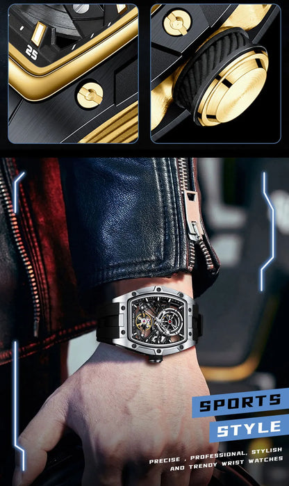 MINI FOCUS Herren-Armbanduhr, modisch, schwarz, wasserdicht, automatische mechanische Uhr mit Leuchtzeigern, Silikonarmband und Tonneau-Zifferblatt