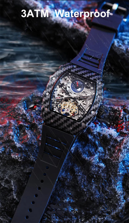 Tourbillion Mechanical Watch for Men Silicone Strap Skeleton Tonneau Automatic Mens Watches Top Brand Luxury Reloj Hombre