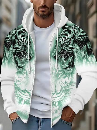 2025 Men's Long Sleeve Zip-up Tiger Graphic Hoodie Casual Outdoor Fashion Coat with Drawstring and Pockets Zip-up Hoodie for Men