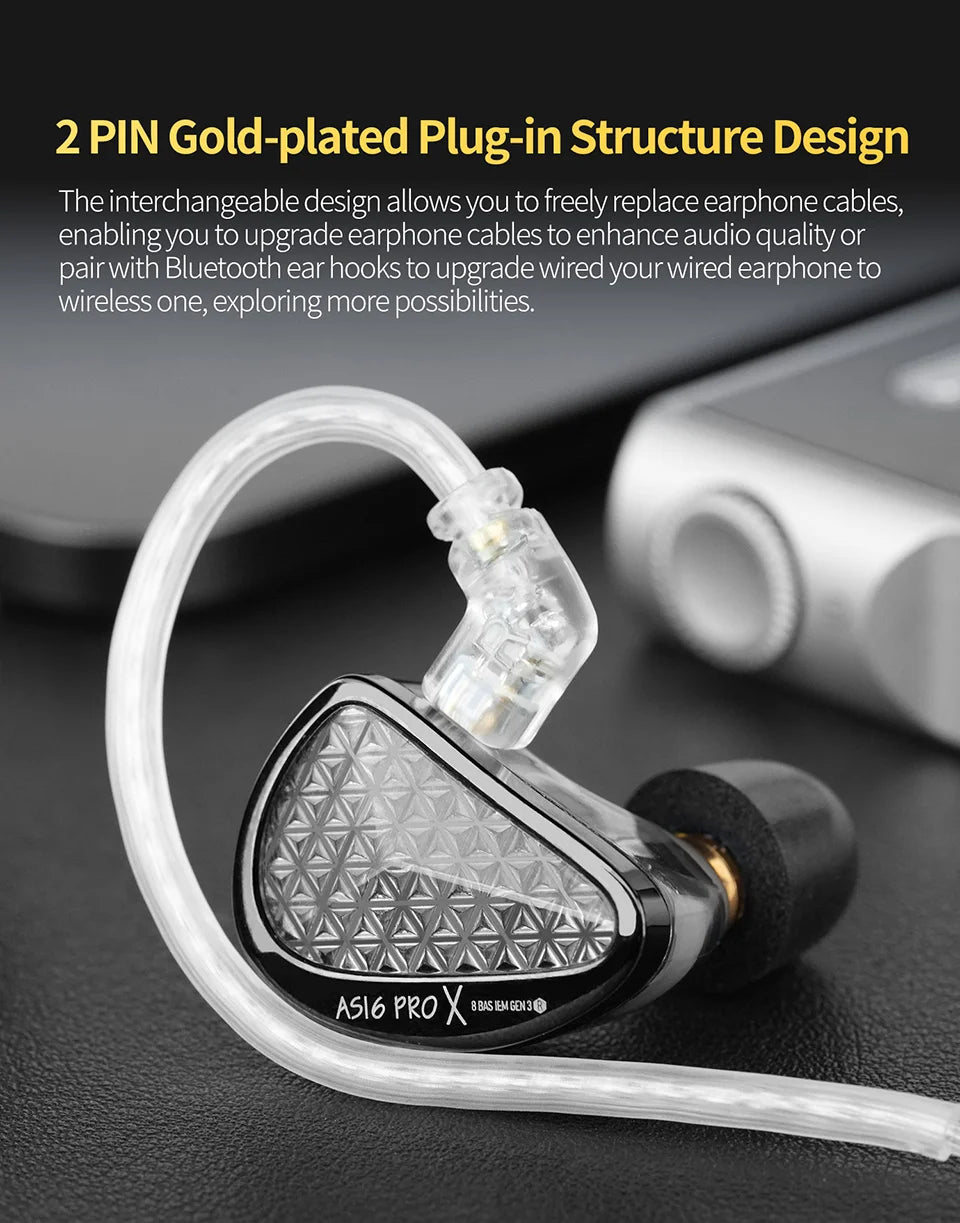 KZ AS16 PRO X HiFi-In-Ear-Monitor-Ohrhörer – Kabelgebundene Kopfhörer mit 8 Balanced-Armature-Treibern und Mikrofon