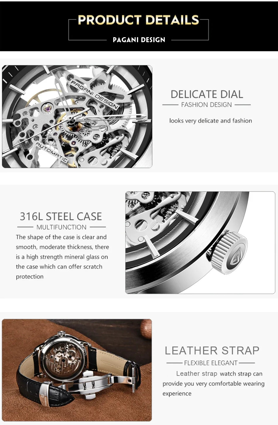 PAGANI DESIGN Business Man Watch Luxury Skeleton Hollow Leather Men's Wristwatch New Mechanical Male Clock