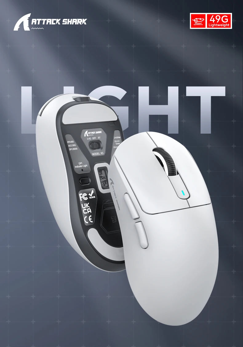 Mouse ATTACK SHARK X3 trimodo 1K Hz, mouse inalámbrico Bluetooth X3Pro 4K Hz ligero, PAW3395, velocidad móvil 650IPS