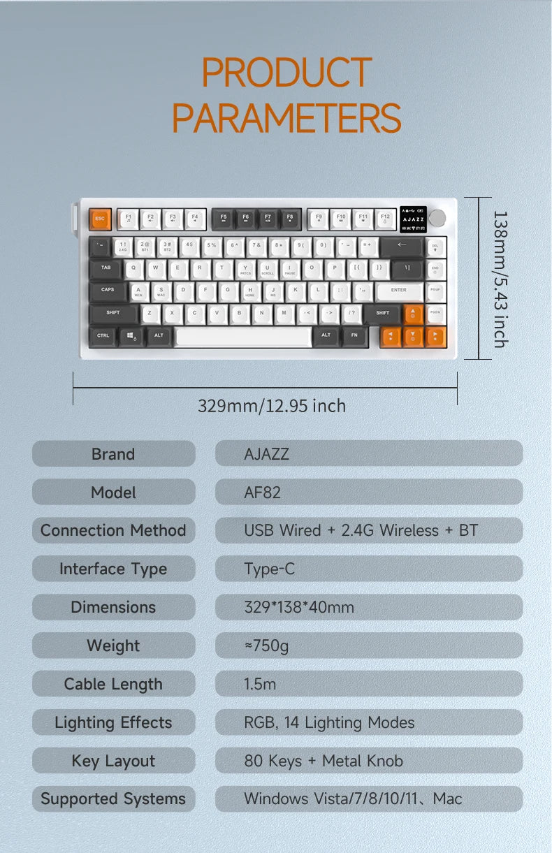 AJAZZ AF82 Low-Profile Electrostatic Keyboard 4000mAh Tri-Mode 75% Type-C Display Screen Keyboard Office Gaming E-sport