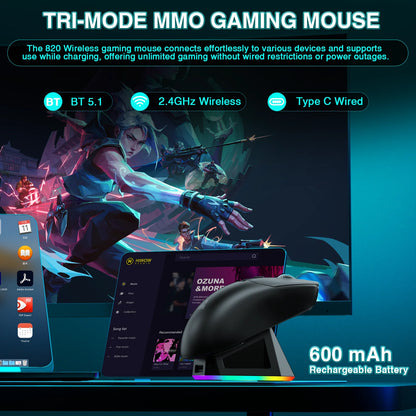 SOLAKAKA SM820 trijų režimų belaidė žaidimų pelė su magnetine įkrovimo stotele, RGB, PAW3311, 24000DPI, belaidė makrokomandų žaidimų pelė, itin lengva