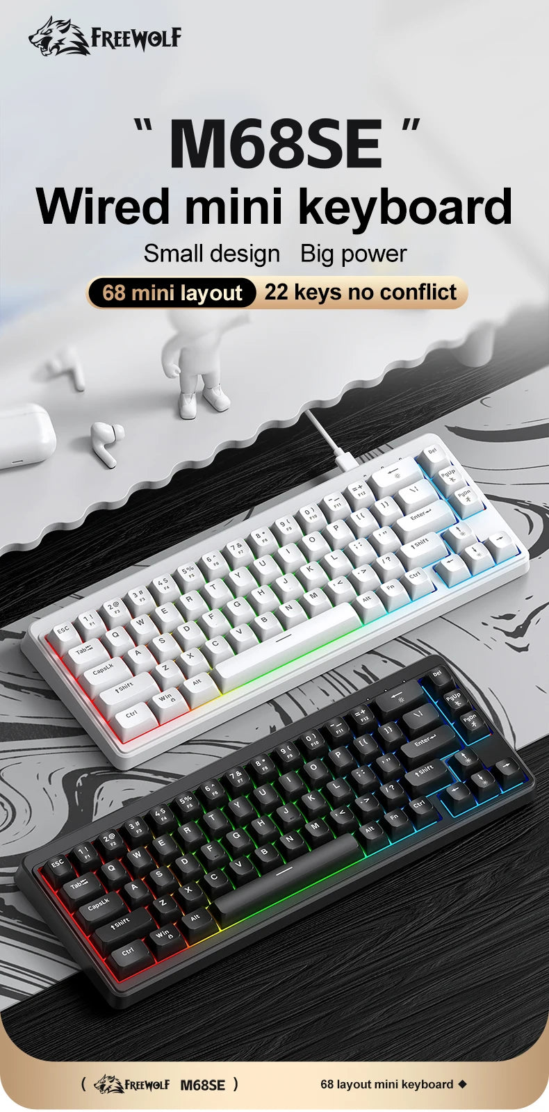 FREEWOLF M68SE Mechanical Feel Keyboard 68 Keys Mini Wired Compact Keyboard Silent for Laptops, Gaming and Office Use