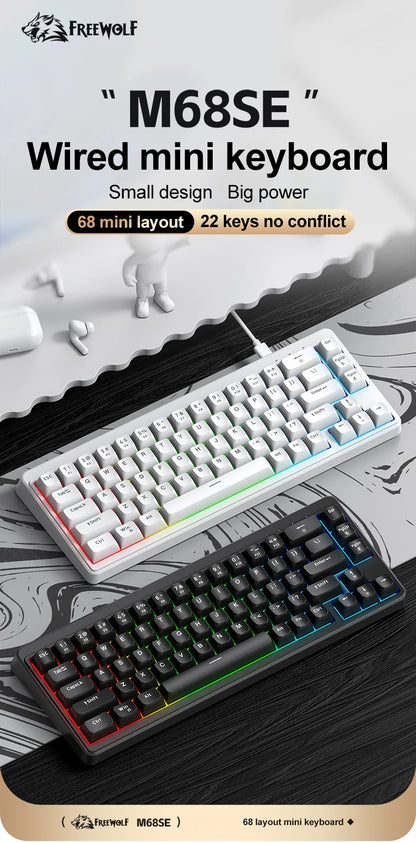 FREEWOLF M68SE Mechanical Feel Keyboard 68 Keys Mini Wired Compact Keyboard Silent for Laptops, Gaming and Office Use