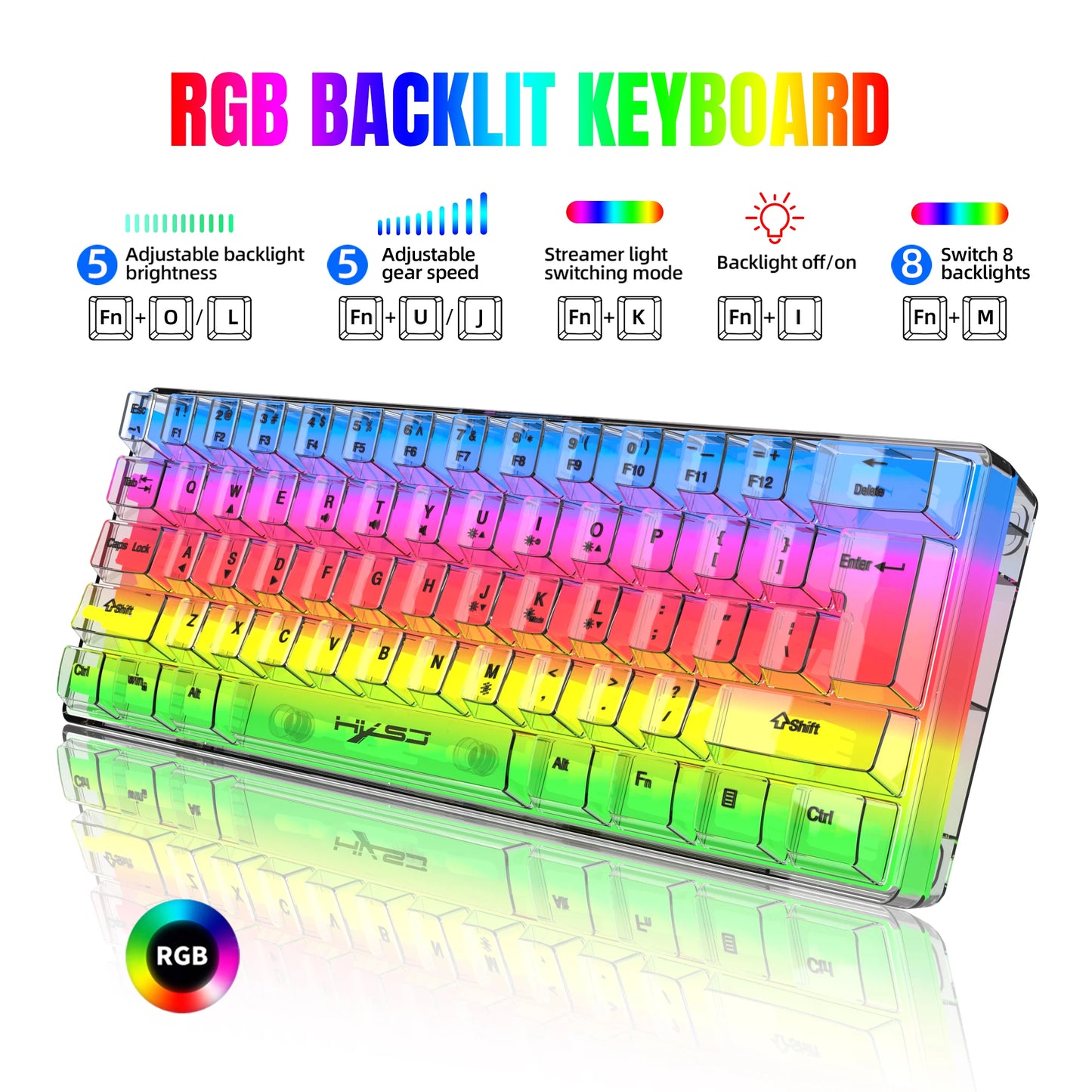 Tastiera gaming trasparente cablata HXSJ 60%, retroilluminazione RGB, ultra-compatta, impermeabile, 61 tasti, per PC/Mac