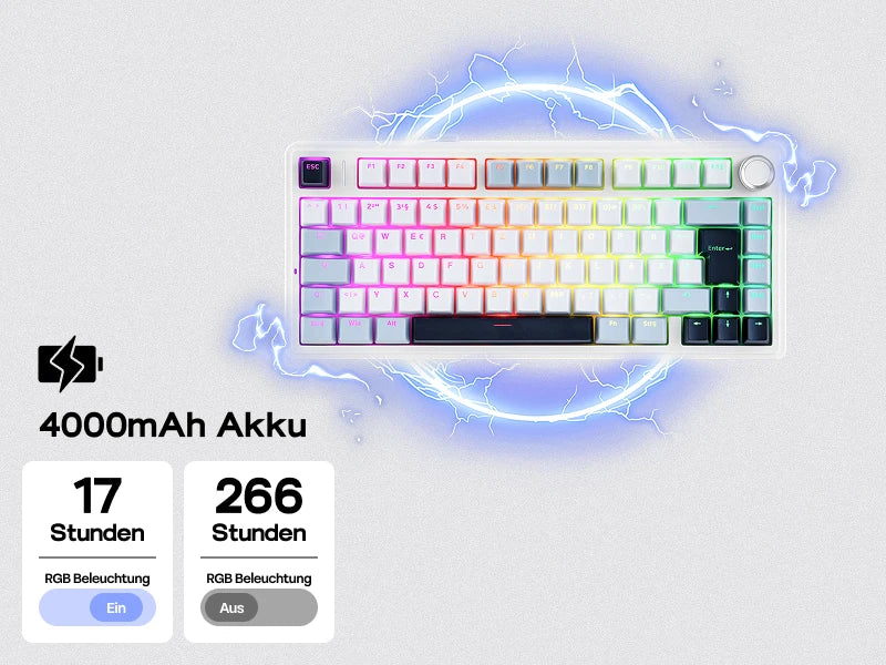 Teclado mecânico sem fios EPOMAKER x AULA F75 ISO-DE com conectividade tri-modo, layout alemão QWERTZ e bateria de 4000 mAh