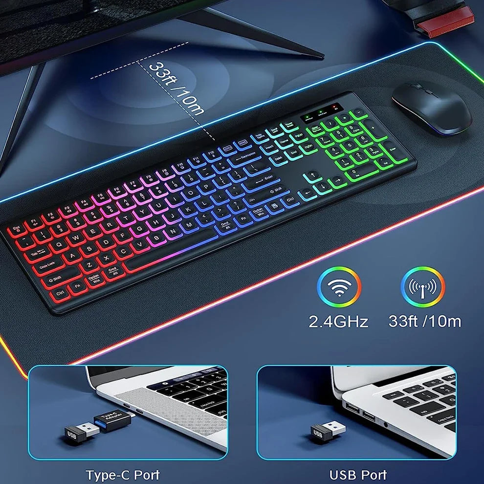 Combo de teclado y ratón inalámbricos con retroiluminación RGB, letras iluminadas recargables, tamaño completo, ergonómico, modo de suspensión, 2.4GHz