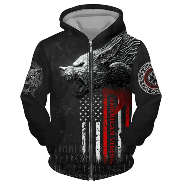 3D Wolf Print Men's Zipper Hoodies Fashion Animal Pattern Top Coat Street Punk Style Oversized Sweatshirts Outdoor Leisure Jackets