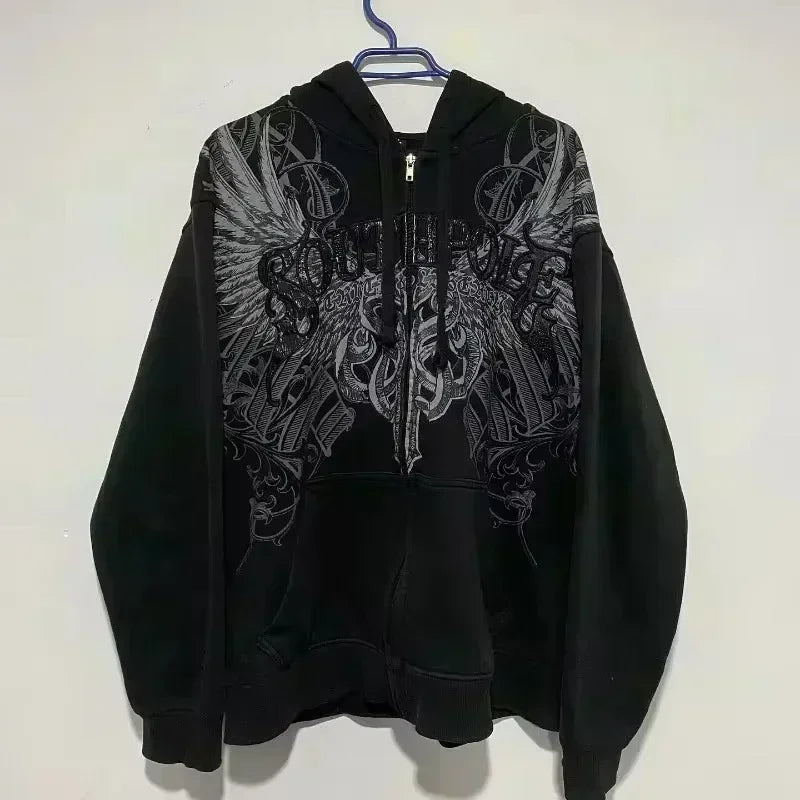 2026 New American Fashion Trend Goth Printed Zipper Hoodie Women Street Hip Hop Punk Rock Sweatshirt Unisex Casual Loose Hoodie