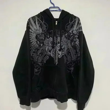 2026 New American Fashion Trend Goth Printed Zipper Hoodie Women Street Hip Hop Punk Rock Sweatshirt Unisex Casual Loose Hoodie