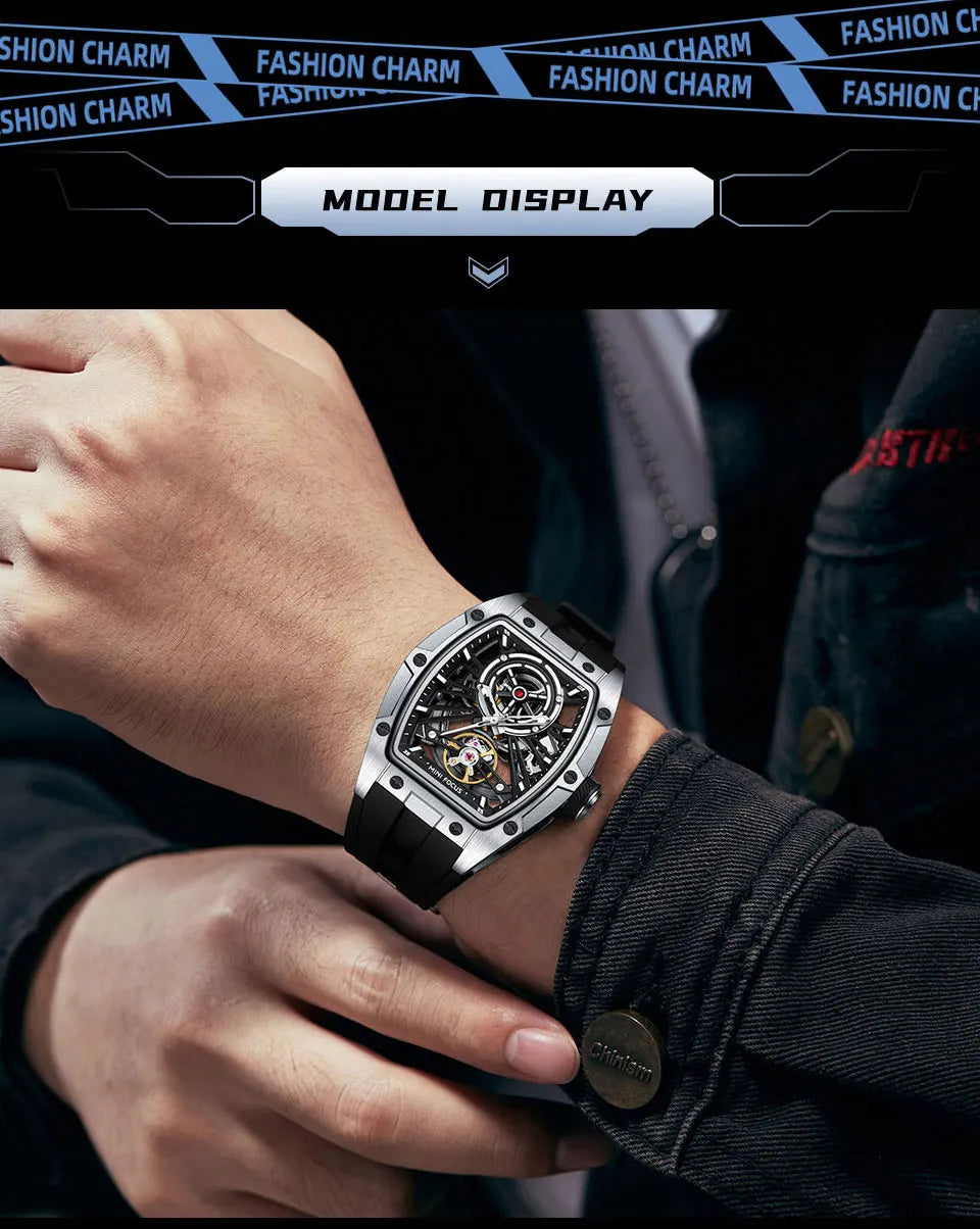 MINI FOCUS Herren-Armbanduhr, modisch, schwarz, wasserdicht, automatische mechanische Uhr mit Leuchtzeigern, Silikonarmband und Tonneau-Zifferblatt