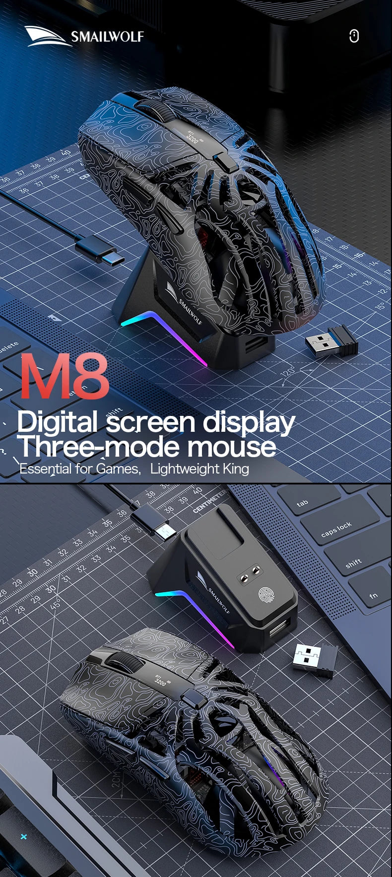 SMAILWOLF M8 Wireless Bluetooth Tri-Mode Mouse Lightweight PAW3311 Gaming RGB Magnetic Charging 12000dpi Gaming Mouse