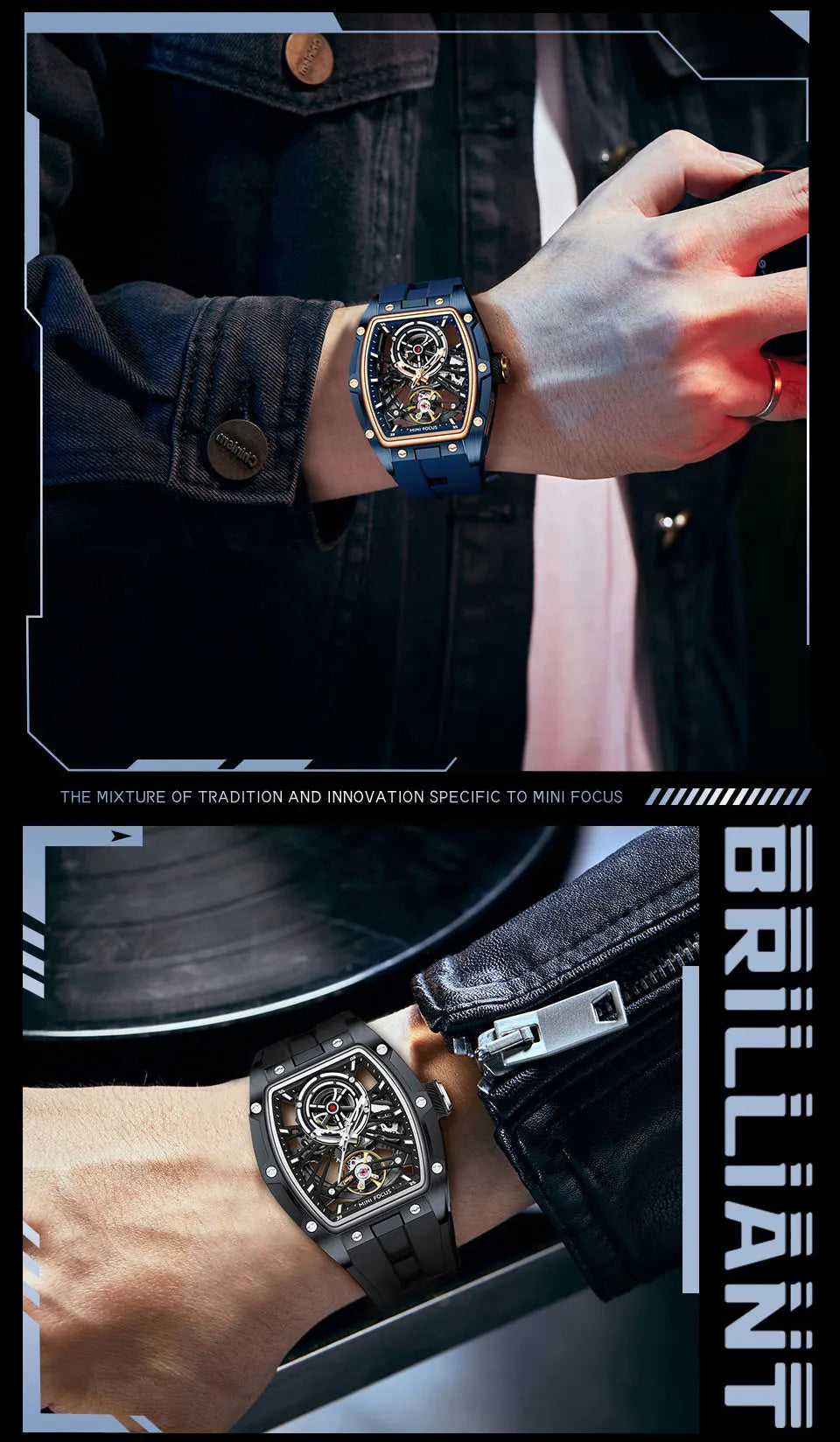 MINI FOCUS Herren-Armbanduhr, modisch, schwarz, wasserdicht, automatische mechanische Uhr mit Leuchtzeigern, Silikonarmband und Tonneau-Zifferblatt