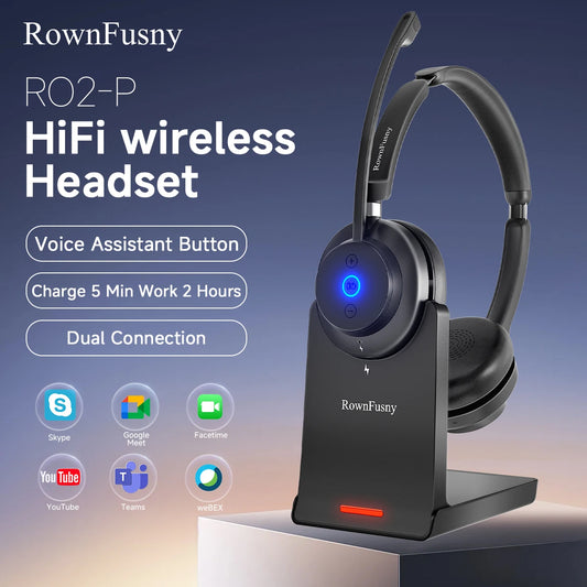 Rownfusny Wireless Headset with Mic for Work Bluetooth Over Ear Headphones USB Dongle for Computer/Remote Work/Call Center