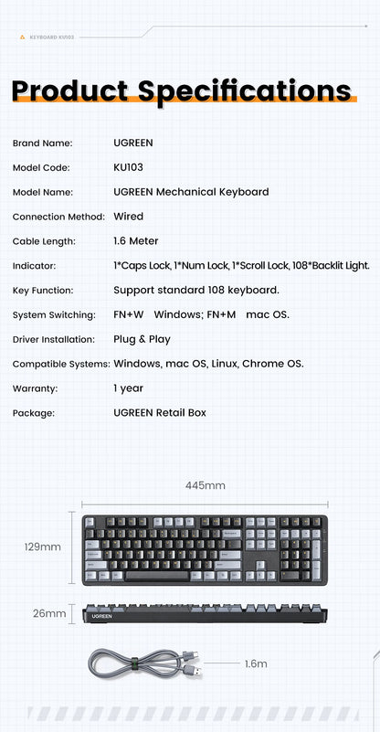 Tastiera meccanica UGREEN 108 tasti PBT, cablata, switch rossi, russo/coreano/EN, per desktop laptop Windows Mac OS Gaming
