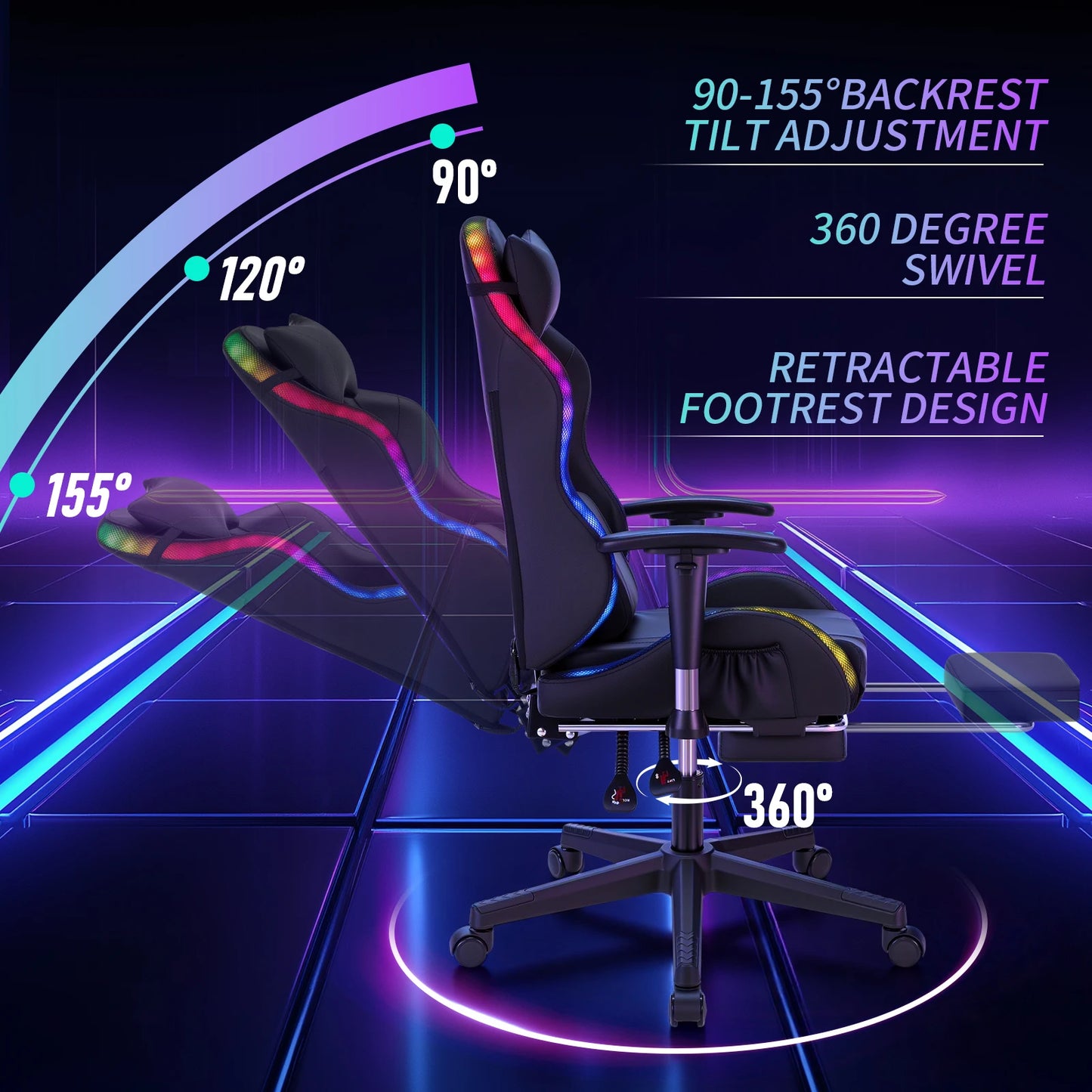 LED Gaming Chair for Children 8-15 Years, Adjustable Gamer Chair with LED Lighting, Footrest & Lumbar Support, Ergonomic PC Chair