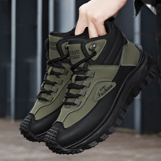Men'S Black And White Mid Top Hiking Boots Waterproof Leather Platform Sneakers Non Slip Outdoor Casual Shoes With Rugged Sole