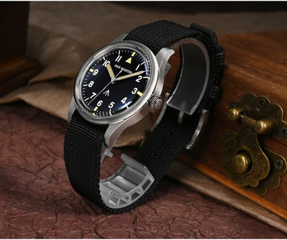 San Martin 36mm Men Pilot Watch VH31 Mechaquartz Movement Sweep Second Quartz Series Simple Style Nylon Strap 10 Bar Luminous